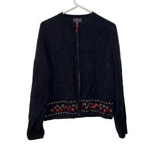 Woolrich Womens XL Black Zip-Up Sweater Floral Embroidery